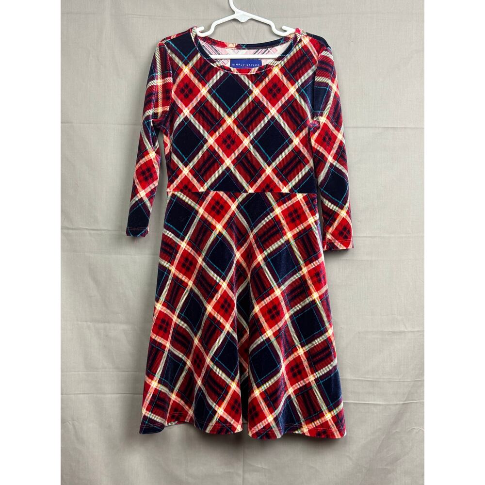 Simply Styled Girls Red/Blue Plaid Velour Holiday Dress, Size 7/8